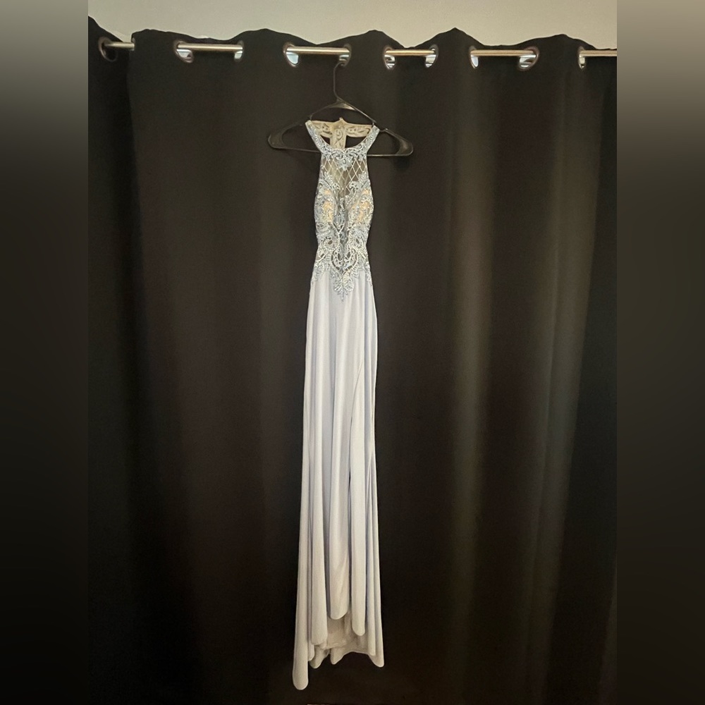 Light blue long prom dress.